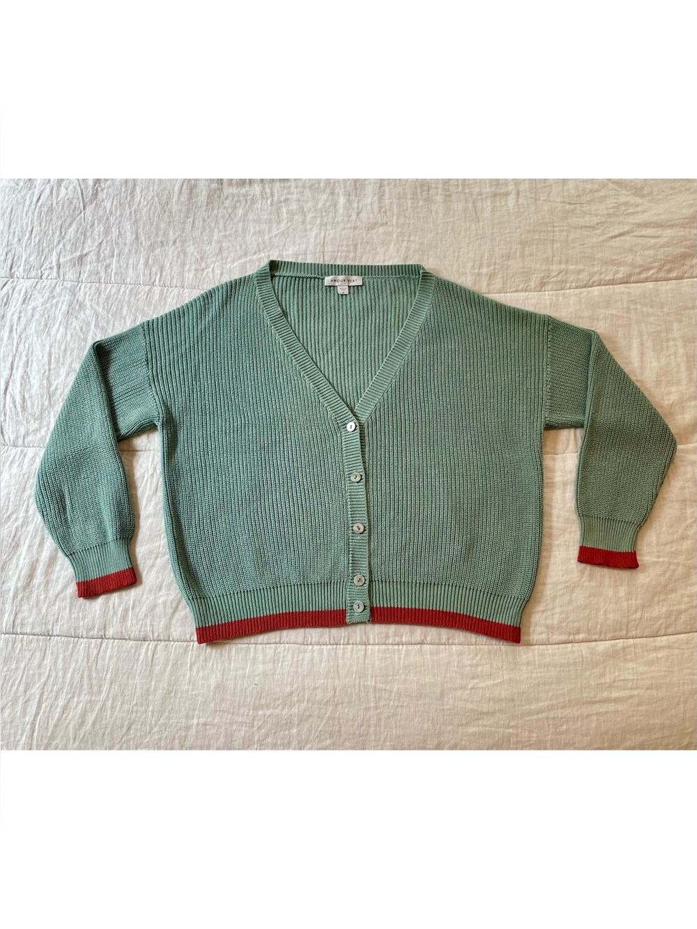 Amour Vert Cardigan V-Neck Button Front Mineral Green Red Organic Cotton M - Picture 2 of 11
